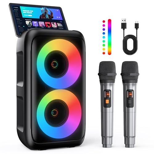 Karaoke Maschine, Karaoke Anlage Mit 2 Mikrofonen, Tragbare Karaoke Maschine Mit 2 Drahtlosen Mikrofone, Bluetooth Lautsprecher Box Für Erwachsene/Kinder Mit Led Lichteffekte, Black