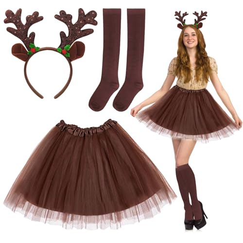 Beibeijia 3er Reh Kostüm Damen, Rentier Kostüm Damen mit Geweih Haarreif und Reh Damen Tüllrock und Socken, Karneval Kostüm Damen Reh, Tierkostüm Erwachsene für Halloween Weihnachten Cosplay