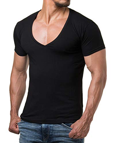 ReRock RR-1315 für Young & Rich 1315 Herren T-Shirt mit tiefem V Ausschnitt einfarbig Fitness T-Shirt - Schwarz M
