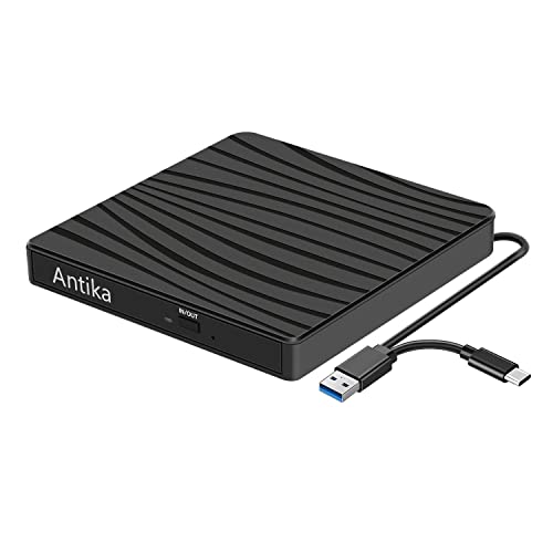 Antika Externes DVD Laufwerk USB 3.0 Type-C Tragbar CD DVD Brenner Optical Drive DVD Laufwerk DVD/CD +/-RW Externes CD Laufwerk für Laptop Desktop mit Win11/Win10/Win8/Apple MacPro/MacBook/OS