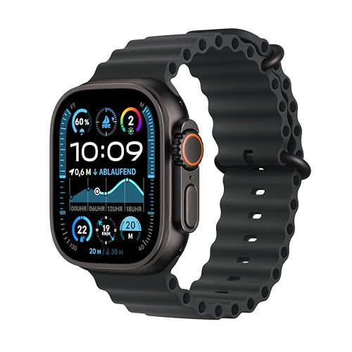 Apple Watch Ultra 2 (GPS + Cellular 49 mm) Smartwatch, Sportuhr mit Titangehäuse in Schwarz und Ocean Armband in Schwarz (One Size). Fitnesstracker, präzises GPS, extra Lange Batterielaufzeit