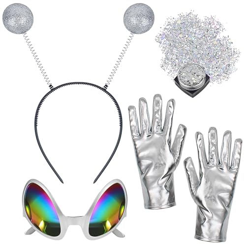 Alaxciax 4 Stück Alien Kostüm Zubehör, Alien Haarreif mit Alien Brille Handschuhe Holographische Glitter Alien Accessoires für Damen Halloween Karneval Maskerade