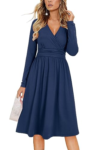 OUGES Herbst Kleider Damen Marine V-Ausschnitt Langarm Elegante Kleider Damen Midi Kleid Mit Taschen, M