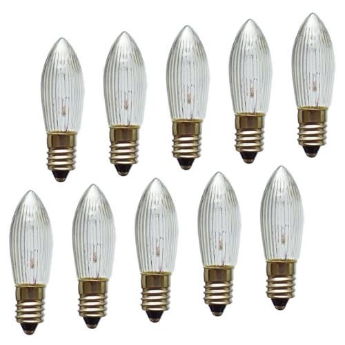 Erzgebirgslicht - AUSWAHL - 10x Topkerze Spitzkerze 34V 3W E10 für 7 Brennstellen Ersatzbirne Glühbirne Riffelkerze Glühlämpchen für Lichterketten und Schwibbogen (keine LED!)