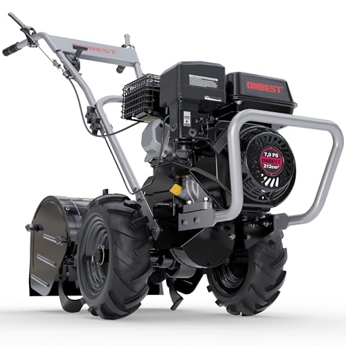 ONBEST Gartenfräse Benzin – mit 48 cm Arbeitsbreite – 4-Takt Motor – 4,1 kW / 7,0 PS – 12 Messer – 175-350 mm Arbeitstiefe – Gartenfräse – Gartenhacke – Kultivator – umgraben & auflockern vom Boden