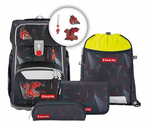 Step by Step Giant Schulranzen-Set „Dragon Drako“, 5-teilig, rot, ergonomischer Tornister mit Reflektoren, höhenverstellbar mit Hüft- und Brustgurt, für Jungen ab der 1. Klasse, 23 Liter