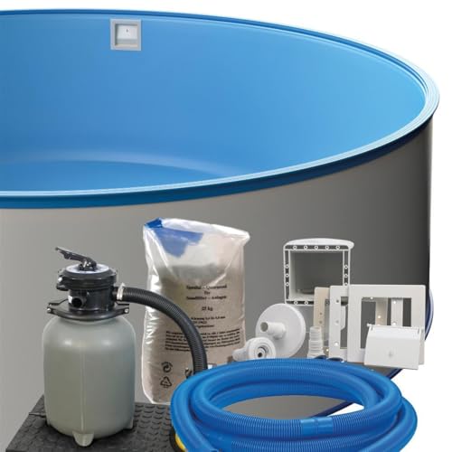 Stahlwand Rundpool-Set Ø 3,50 m x 1,20 m, Pool Made in Europe, Blaue UV-beständige Innenhülle 0,6 mm, SF128 Sandfilteranlage mit 4 m³/h, Einbauskimmer, Filtersand, Poolschlauch
