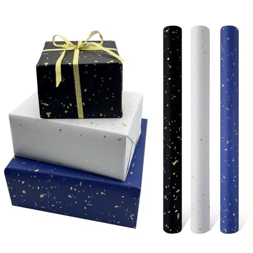 3 Rollen Geschenkpapier zum Geburtstag, 43 cm x 3 Meter, blau-weiß-schwarze Geburtstags-Geschenkpapierrolle, perfekt für Geburtstage, Valentinstag, Partys, Hochzeiten, Festgeschenkdekorationen