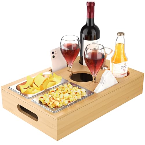 WELDUN 2 in 1 Couchbar Snackbox Bambus Sofatablett mit 2 Edelstahl Snackschale Getränkehalter Flaschenhalter, Serviertablett für Wohnzimmer Sofa Party