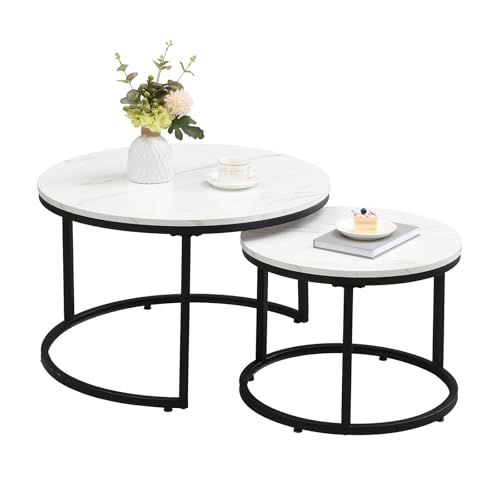 Couchtisch 2er Set, Moderne Couch Tisch mit Schwarz Metallgestell, Couchtisch Eiche, Couchtische Rund Weißer, Living Room Table, Kaffeetisch, Wohnzimmertisch Holz 70x70x45 & 50x50x38 cm