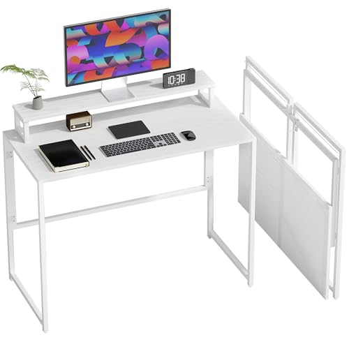 HOMCOM Schreibtisch Klappbar Computertisch Bürotisch mit Monitorhalterung Stahlrahmen für Arbeitszimmer, Schlafzimmer, Home Office, 100 x 48 x 87,5 cm, Weiß
