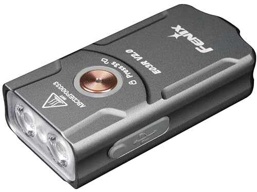 fenix E03R v2.0 Grau, wiederaufladbare, leichte Schlüsselanhänger-Taschenlampe, 500 Lumen, 90 m, max. 30 Stunden, Rotlichtmodus, USB-C-Ladung, IP66