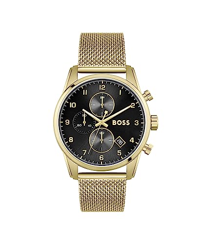 BOSS Chronograph Quarz Uhr für Herren Kollektion SKYMASTER mit Goldfarben Edelstahl-Mesh-Gliederarmband - 1513838