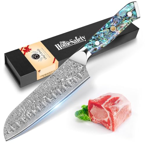 Home Safety Damastmesser Santoku Messer mit extrem Scharf 18cm Klinge aus 67 Lagen VG-10 Damaststahl Küchenmesser Damast Gemüsemesser, Abalone-Muschel Griff, Geschenkbox