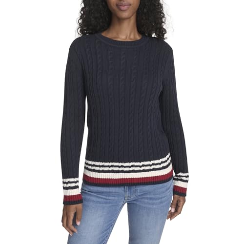 Tommy Hilfiger Damen-Pullover aus Baumwolle mit Rundhalsausschnitt und Zopfmuster, Sky Captain Multi, X-Groß