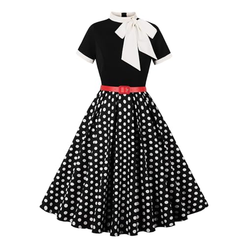 Odizli Rockabilly Kleider Damen 60er 50er Jahre Vintage Audrey Hepburn Kurzarm Krawatte Polka Dot Petticoat Swing Coctailkleid Hochzeit Festlich Knielang Sommerkleid Kurz Abendkleid Schwarz M