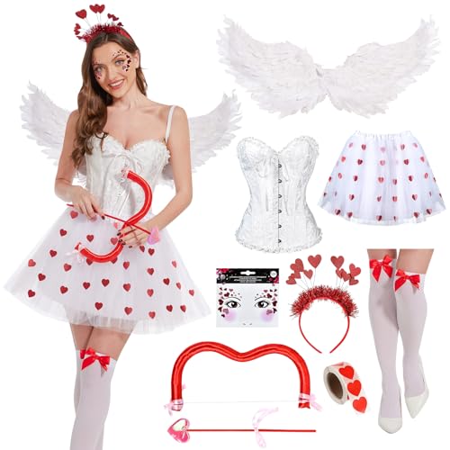 Aragallant Karneval Amor Kostüme Set, Valentinstag Herz Stirnband Pailletten, Cupid Engelsflügel, Herzchen Tüllrock, Gott der Romantik für Erwachsener, Fasching, Valentinstag (M)