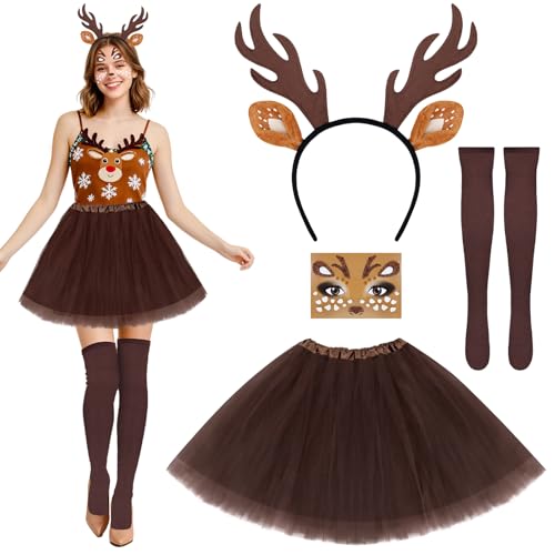 Dreamtop Reh Kostüm Damen für Damen - Faschingskostüm Erwachsene mit Tüllrock Braun Geweih Haarreif Socken Fliege Gesichtstattoo für Karneval Fasching Weihnachten Party