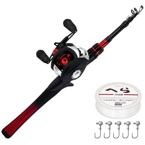 Kilitn Angelrute und Rolle Combo, Baitcasting Combo Baitcast Reel 1.5M Langlebige Fiberglas-Teleskoprute mit Angelschnur Full Kits Komfortabler Griff (Links)