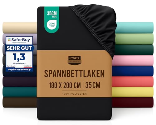 Utopia Bedding - Spannbettlaken 180x200cm - Schwarz - Oeko-Tex Zertifiziertes Gebürstete Polyester-Mikrofaser Spannbetttuch - 35 cm Tiefe Tasche