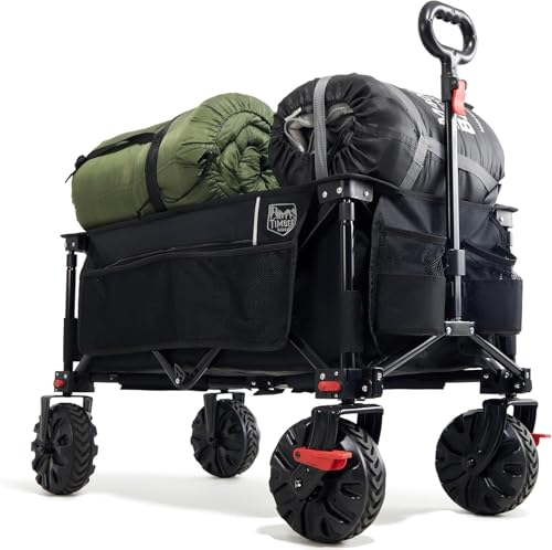 TIMBER RIDGE XXL Bollerwagen Faltbar 200L Breite Reifen Handwagen Klappbar mit Bremsen Seitentasche Getränkehalter Verstellbarer Griff Strandwagen für Alle Gelände Camping Einkaufen 100kg Belastbar