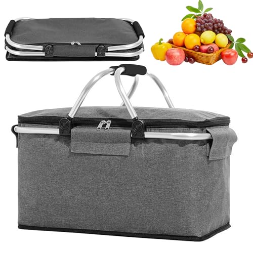 Einkaufskorb Faltbar, 18L Große Faltbarer Thermo Kühlkorb, Isolierkorb Picknickkorb mit Aluminiumrahmen & 2 Tragegriffen, Einkaufskorb mit Deckel für Picknick, Camping, Strand, Einkaufen (Grau)