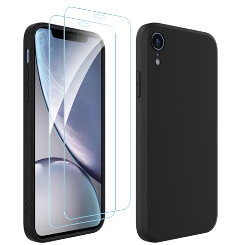 Ruayia für iPhone XR Hülle Slikon Case, Hülle für iPhone XR mit 2 Stück Panzer Schutz Glas, Handyhülle Ultra Dünne Weichem Stoßfest Kratzfest Schutz mit Mikrofaser - 6,1 Zoll - Schwarz