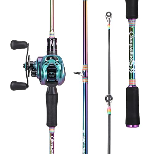 Sougayilang Baitcasting Angel Combo, 2-teilig, Bunte leichte tragbare Angelrute mit superglattem Baitcast-Angelrolle für Süß- und Salzwasser-2.1-L