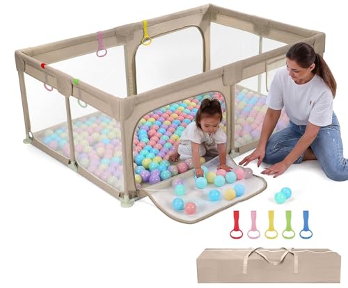 Dripex Laufgitter für Babys, Laufstall aus Leinenstoff, mit atmungsaktivem Netz, Spielgitter für Babys, 5 Laufgitterringe, 120 x 180 cm, Braun