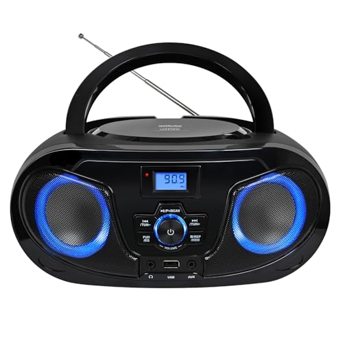 Silva Schneider MPC 25.7 BT – Tragbarer CD-Player mit Bluetooth, UKW-PLL-Radio, USB-MP3 Wiedergabe, Stereo Sound, 5 Klangprofile, LCD-Display, LED-Beleuchtung, Netz- & Batteriebetrieb, AUX & Kopfhörer