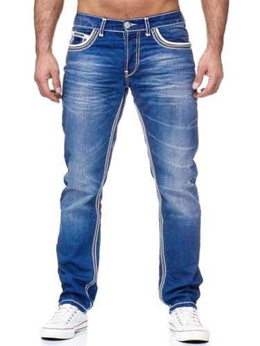 seiveini Jeans Herren Straight Fit Jeanshose Stretch Cargo Jean Vintage Washed Denim Look Arbeitshosen Freizeithose A Hellblau XXL