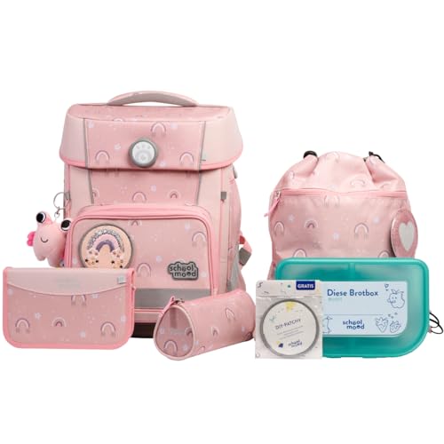 SCHOOL-MOOD Champion Maxx Pro Schulranzenset 7-teilig 22L Stauraum, ergonomisches Grow with You System für 1 m bis 1,50 m Körpergröße, wasserdichter Stoff mit Reflektoren (Rainbow)