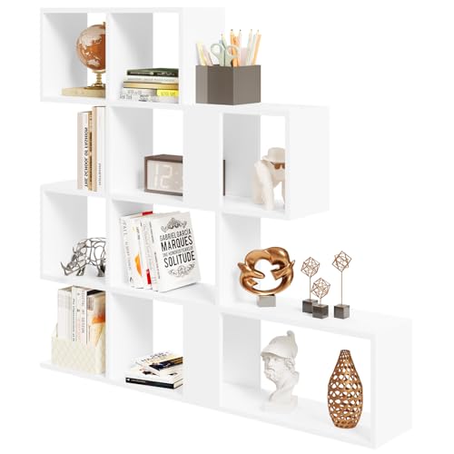 eSituro Bücherregal 4 Ebenen, Raumteiler Regal mit 11 offenen Fächern, freistehendes Treppenregal, Standregal, Stufenregal, für Wohnzimmer, Schlafzimmer, Büro, 115x109,5x19,5 cm, weiß