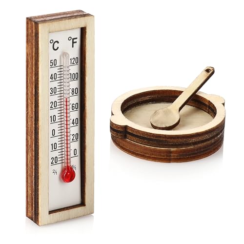 Nordstern Sauna Mini Deko 3er Pack - Minatur Saunafass und Thermometer - Bastel Zubehör für Wellness, Saunagutschein, Geschenke und Wichtel Zubehör