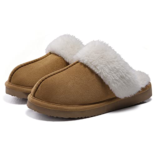 Litfun Damen Hausschuhe Winter Warme Plüsch Pantoletten Wildleder Memory-Schaum Slippers mit Kunstfellkragen Indoor Outdoor, Kastanie 42-43 EU
