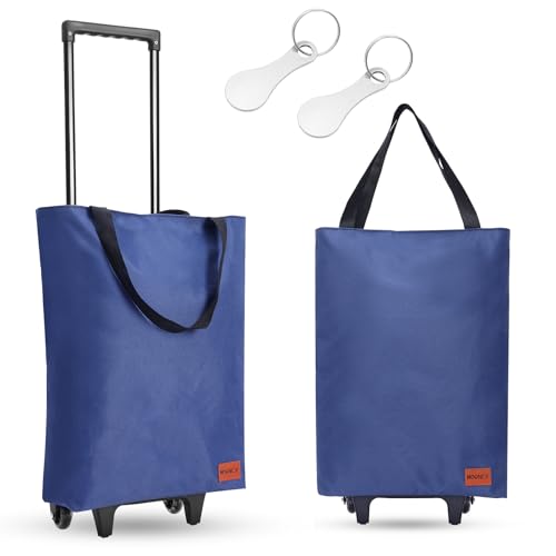 MOONCY 2-in-1 Einkaufstrolley, 30L Große Einkaufstasche auf Rollen, Leichter Einkaufswagen Klappbar für Camping und Reisen, Inklusive Einkaufswagenlöser, Blau