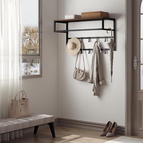 eSituro Wandgarderobe mit Ablage, Kleiderständer Wand mit Kleiderstange 10 Haken, Garderobe Wandmontage, für Eingangsbereich Schlafzimmer Wohnzimmer, 80x41x30 cm, Schwarz + Vintagebraun