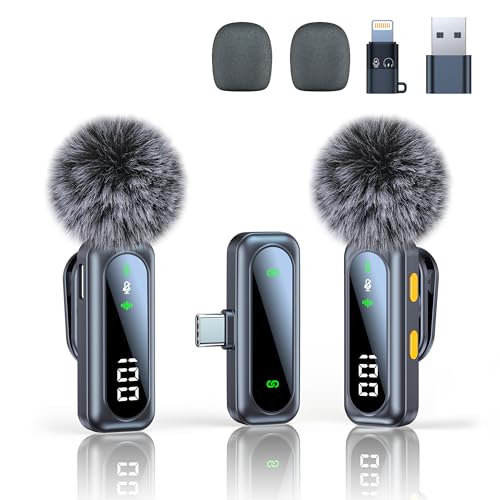 Kabelloses Mikrofon, Mikrofon für iPhone und USB-C-Stecker, Mini-Mikrofone, kabellose Mikrofone mit Rauschunterdrückung, Mini-Mikrofon, LED-Display und den Akku anzeigen, ideal für Vlog, TikTok