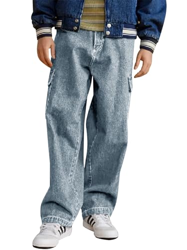 Haloumoning Jungen Jeans Kinder Cargohose Baggy Freizeithose Herbst Mode Casual Denimhose mit Elastischem Bund 5-14 Jahre, Hellblau, 13-14 Jahre