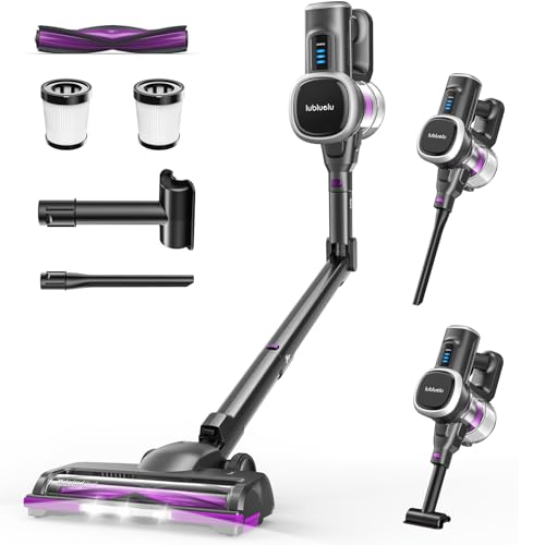 Lubluelu Kabelloser Staubsauger Leicht & Leise, Selbststehend mit LED-Anzeige und Faltbarem Rohr, Starke Saugleistung für Tierhaare, Teppiche, Hartböden und Auto (Schwarz-Violett)