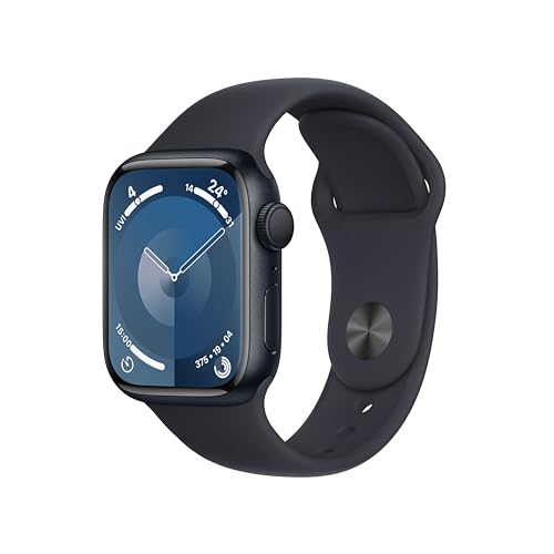 Apple Watch Series 9 (GPS, 41 mm) Smartwatch mit Aluminiumgehäuse und Sportarmband S/M in Mitternacht. Fitnesstracker, Blutsauerstoff und EKG Apps, Always-On Retina Display, Wasserschutz