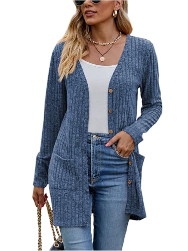 Famulily Herbst Winter Cardigans für Frauen mit Taschen, Button Down Open Front Cardigans für Damen (XL, Marineblau)