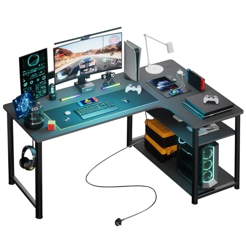 COMHOMA Gaming Tisch mit Steckdose 120 x 80cm Schreibtisch, Eckschreibtisch mit USB-Ladeanschluss und Regal, Computertisch L Form, PC Tisch für Büro, Heimbüro