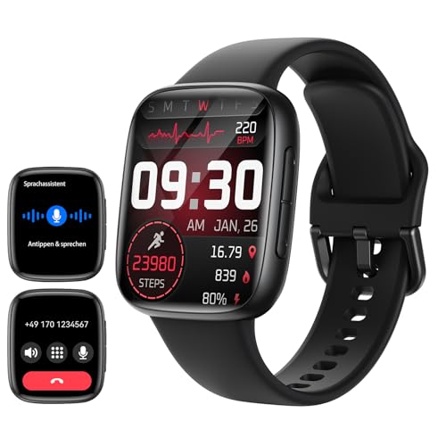 Smartwatch Herren mit Bluetooth Anrufe & KI, 1,85″ AMOLED Touchscreen Fitnessuhr mit Herzfrequenz, SpO2, Schlaf- und Stressüberwachung,100+ Sportmodi,3ATM Wasserdicht Smart Watch für Android & iOS