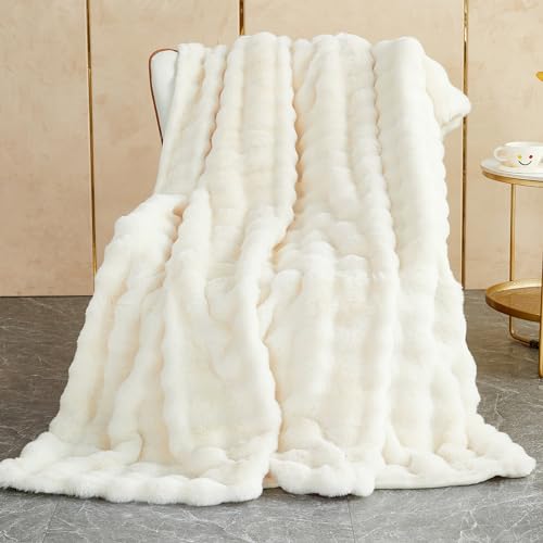 Kuscheldecke Kaninchen Plüsch Decke Super Soft Wohndecke Dick 1000 G/M² Flanell Decke Couchdecke Warme Überwurfdecke Sofadecke Vielseitig Blanket Für Bett Sofa Schlafzimmer Büro Weiß 100 x 160cm