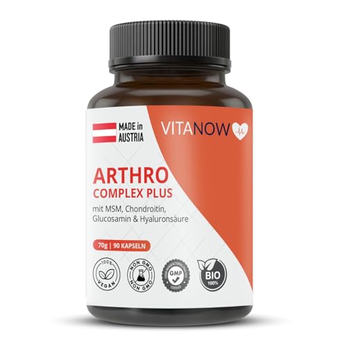 VITANOW ARTHRO Complex Plus für arthro care – 90 Kapseln – Hochdosiert mit MSM, Chondroitin, Glucosamin & Hyaluronsäure – Gelenkkomplex für Knorpel, Knochen & Beweglichkeit – Vegan - BIO
