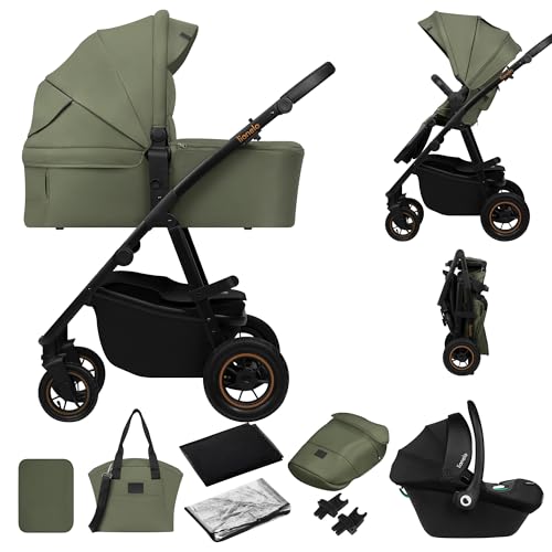 LIONELO AMBER PLUS 3-in-1 Multifunktionaler Kinderwagen von 0 bis 4 Jahren bis 22 kg mit XL-Babywanne, Kindersitz bis 13 kg, verstellbare Rückenlehne, große 360o Geländeräder, XXL-Verdeck
