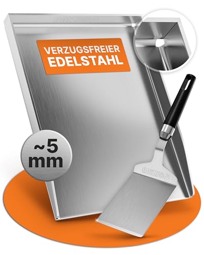 AMZBBQ® Premium Plancha Set - für WEBER GENESIS 2 / BROIL KING IMPERIAL & REGAL - ca. 5 mm massiver Edelstahl - 20% stärker als herkömmliche Planchas - Grillplatte für Gasgrill - inkl. Grillspachtel