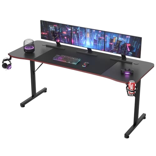 JUMMICO Gaming Tisch Groß, Gaming-Schreibtisch, Computertisch, Arbeitsplatz, Ergonomischer Gamer-Tisch mit Headsethaken, Getränkehalter, 180 x 60 cm, Schwarz.