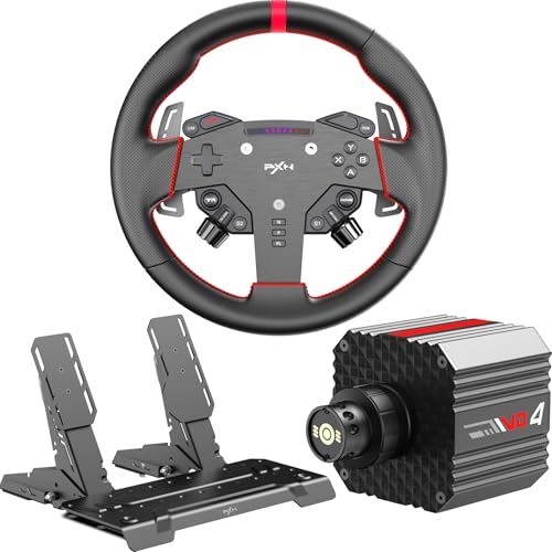 PXN VD4 Gaming Lenkrad Bundle – Direct-Drive-Rennlenkrad-Set – 4 Nm VD4 Servomotor-Basis, W AS PC-Lenkrad (28 cm) und PD HM Brems- und Gaspedal-Set – Sim-Racing-Set für PC